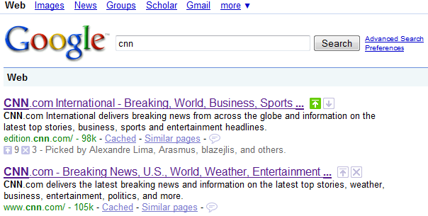 Google SearchWiki. Søgning efter cnn