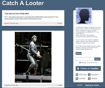 Sitet Catch A Looter hvorpå der løbende offentliggøres billeder af personer, som deltager i optøjerne i London.