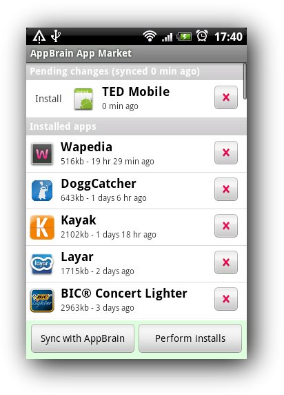 AppBrain-programmet på Android. TED Mobile listes til installering