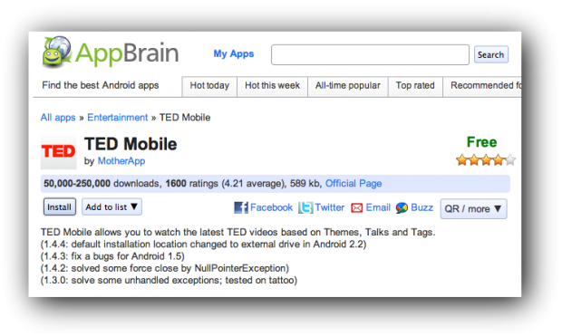 Programmet TED Mobile på AppBrain-websitet - der kan klikkes på 'Install'
